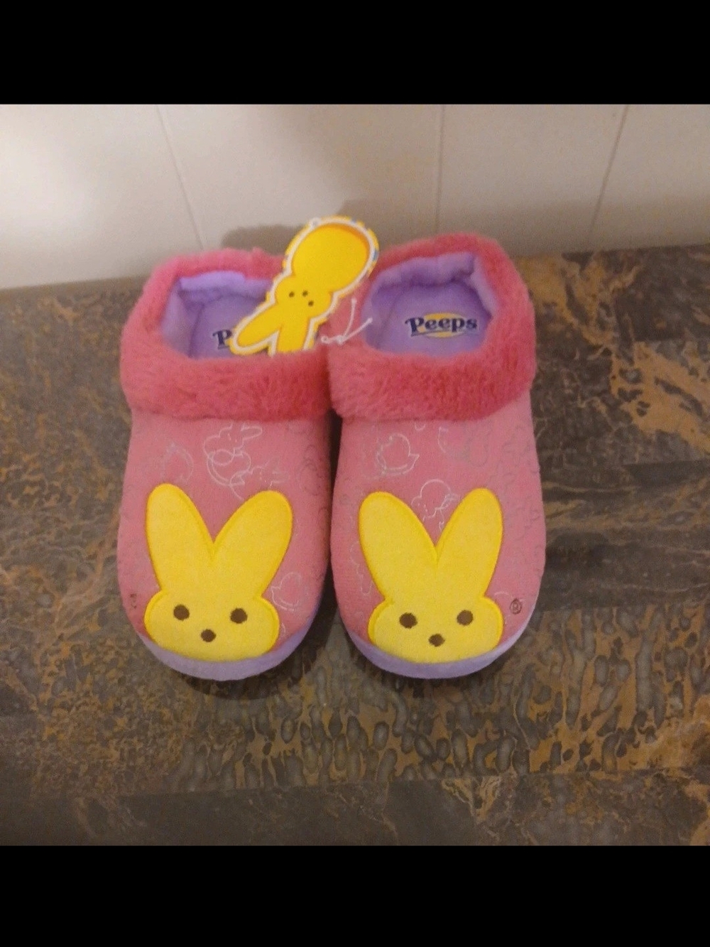 Peeps Kids Pink Plush Slippers with Yellow Bunny Accent